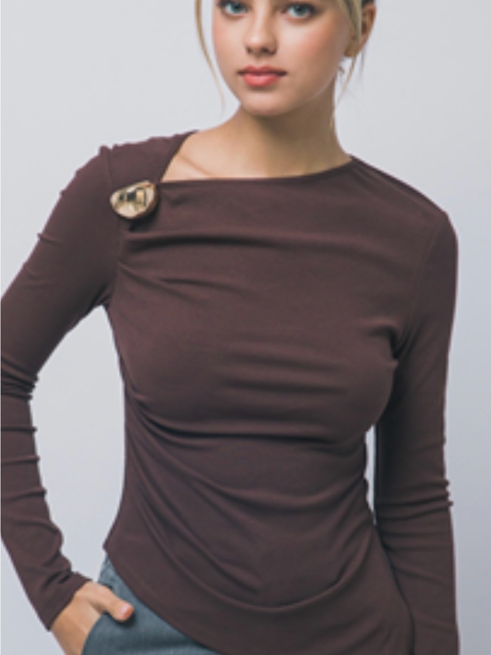 Asymmetric Neck Long-Sleeve Top in Chocolate Brown